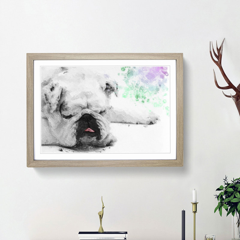 Sleeping White British Bulldog in Abstract - Picture Frame Painting Print, 36cm H x 48cm W x 2cm D, Oak Framed
