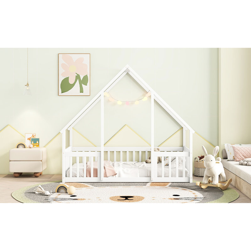 Twin Wood Floor Bed With Guardrails And House Design In White - Pine Construction For Comfort House-Shaped Twins Stable Guardrail Framework