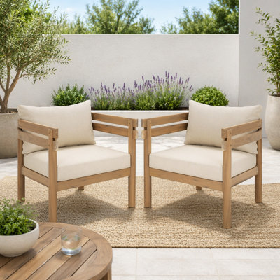 Ensemble de 2 fauteuils club d'extérieur avec structure en bois d'acacia et coussins beiges
