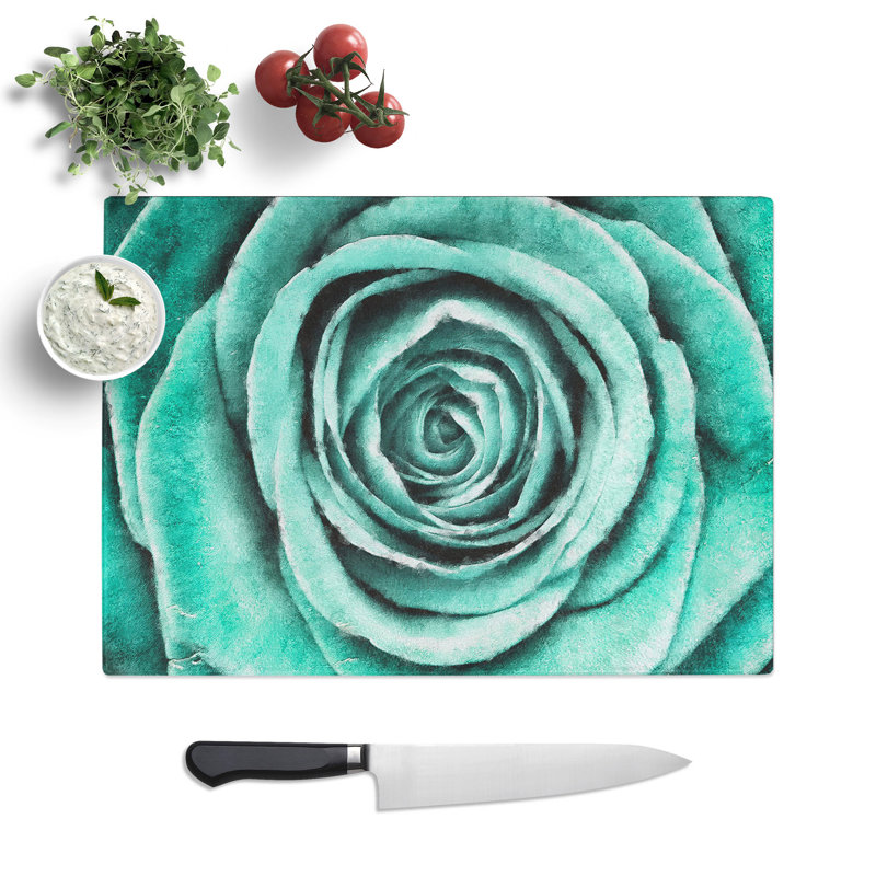 Tempered Glass Mint Green Rose Chopping Board, 20 cm x 28.5 cm