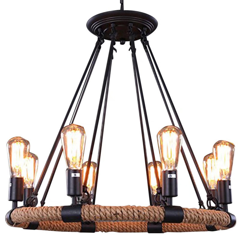 Lustre européen 8 lumières en fer et corde de chanvre noir