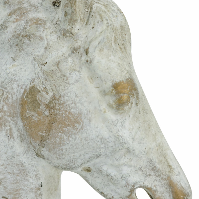 Statue d'extérieur en forme de tête de cheval en ciment avec accents dorés et base en fer noir - 7,5 po x 3,7 po x 10,5 po - Gris