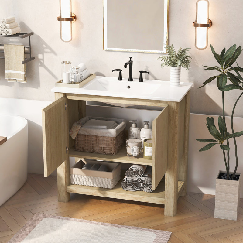 Rectangle Vanity Set with Open Shelf, Antique Natural