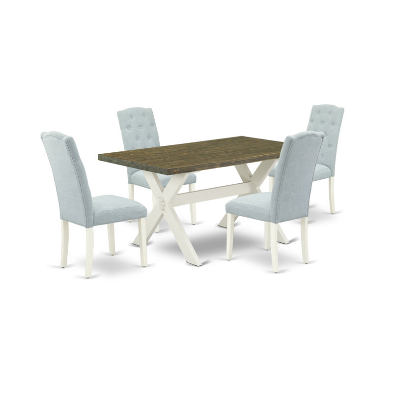Ensemble de table de salle à manger 5 pièces comprenant une table de salle à manger rectangulaire avec pieds en X et 4 chaises rembourrées en tissu bleu lin, lin brossé blanc