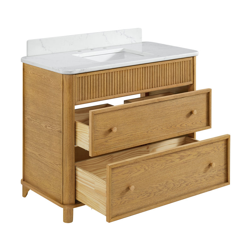 Meuble-lavabo simple 42 po avec plateau en quartz Statuario Kennedy, Chêne naturel rehaussé, 42"