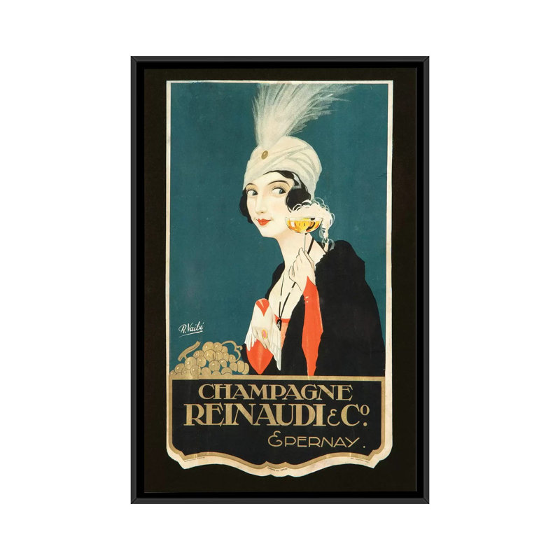 «Champagne Renaudi & Co.» Impression sur toile, H 26 po x l 18 po x P 1,5 po, Toile avec cadre noir, Pas de tapis