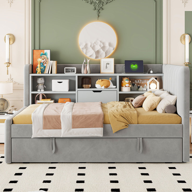 Lit de jour simple moderne gris avec couchette, rangement et prises USB, Gris