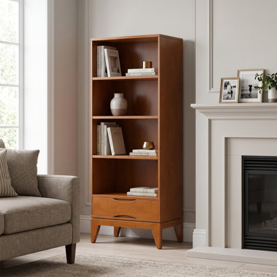 Bibliothèque Harper en bois massif de style Mid-Century 60 "avec tablettes ouvertes et pieds fuselés