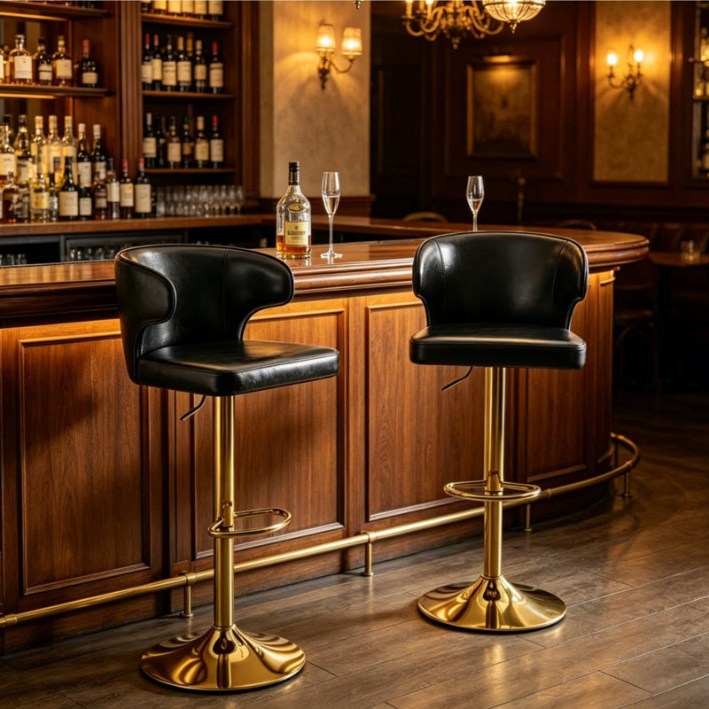 Tabourets de bar réglables en hauteur avec dossier Zager, PU, Black+Gold, 2