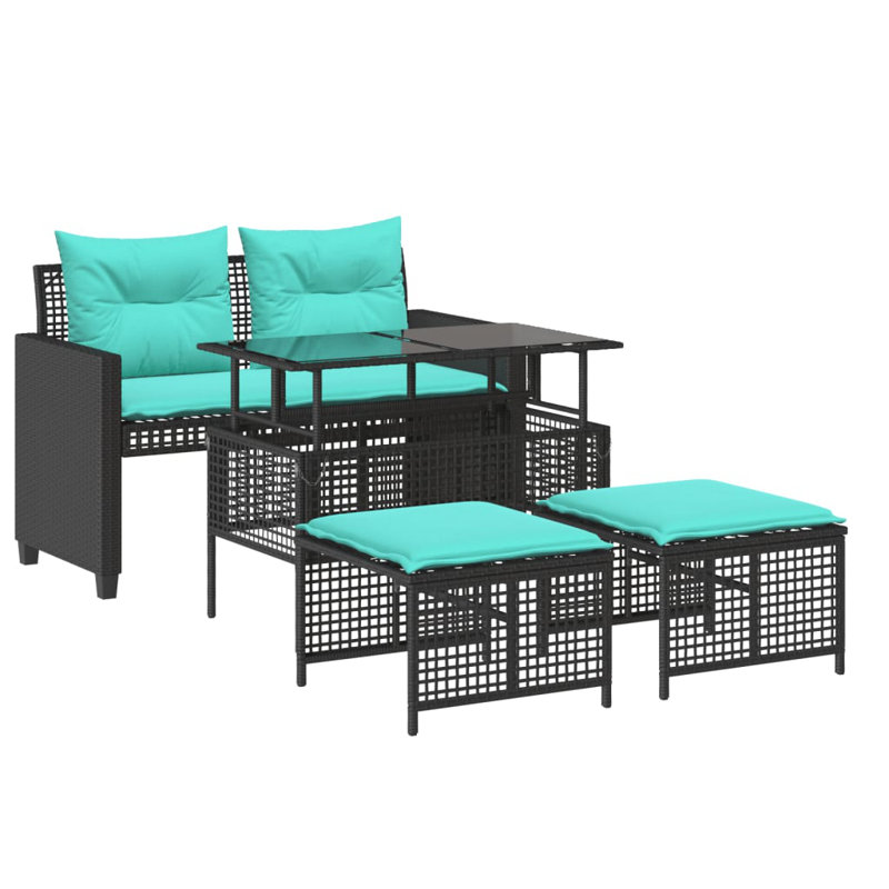Ebern Designs 4 Piece Patio Sofa Set With Cushions Poly Rattan Glass, Blue, Black