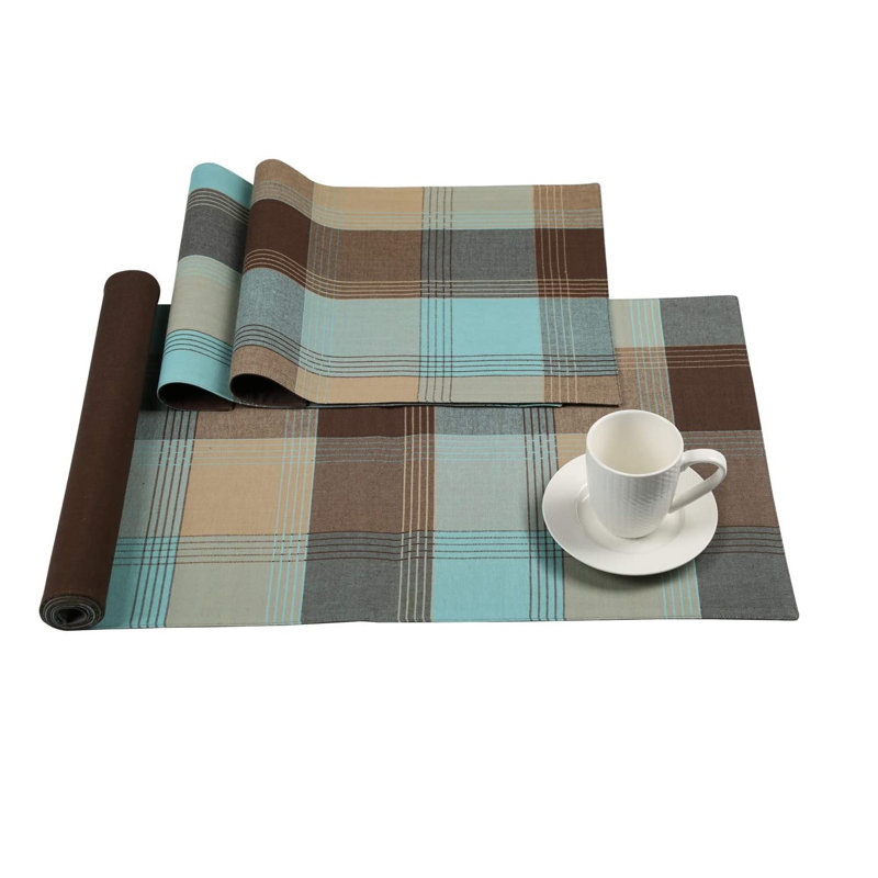 Benally 100% Cotton Woven Rust Plaid Table Runner, Blue/Grey, 40cm W x 180cm L