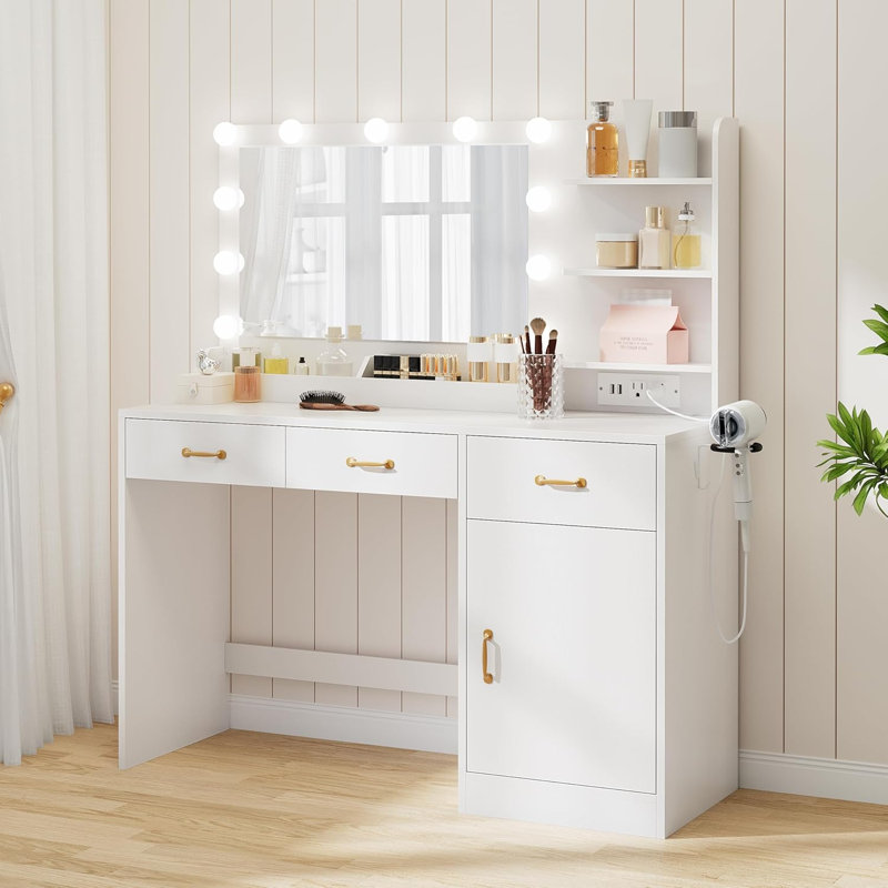 Vanity Desk with Mirror and Lights, Makeup Vanity with Power Outlet, White