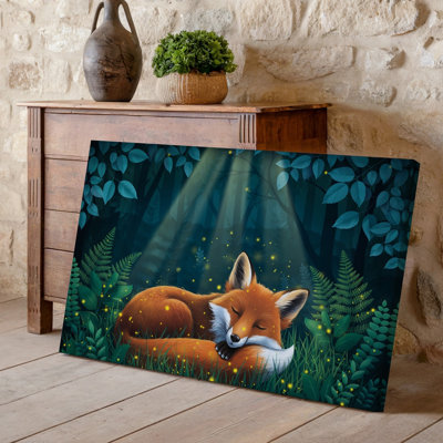Canvas A Serene Forest Scene At Twilight Featuring A Sleeping Fox Wall Art Nestled In Lush Green Grass Surrounded By Delicate Ferns Canvas Wall Art