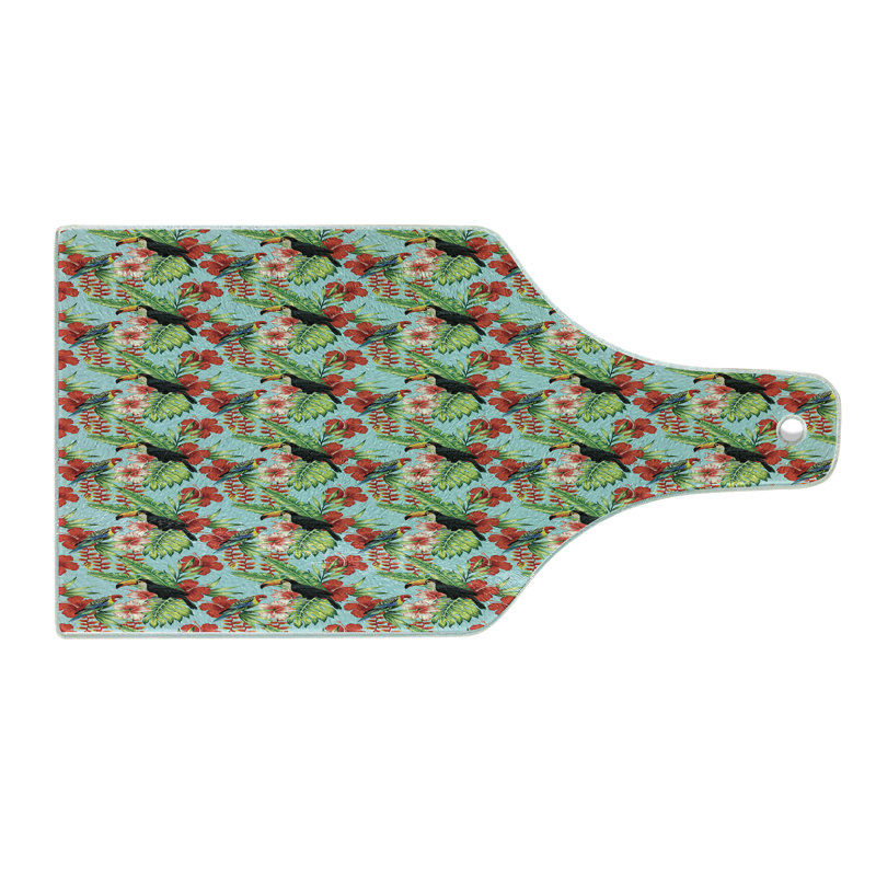 Ambesonne Exotic Tempered Glass Cutting Board Hibiscus Parrot and Toucan Multicolor