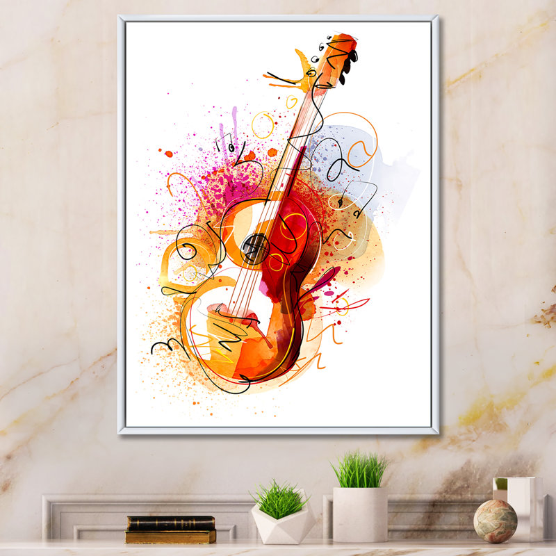 Musique, guitare, dessin abstrait - peinture, H 32 po x l 16 po x P 1 po, Cadre flottant blanc