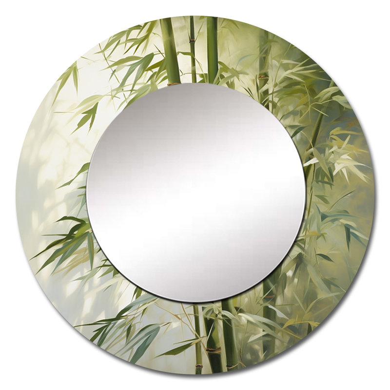 Bamboo Romantic Impression II - grand miroir en bambou, miroir mural décoratif rond traditionnel, impression d'art en métal