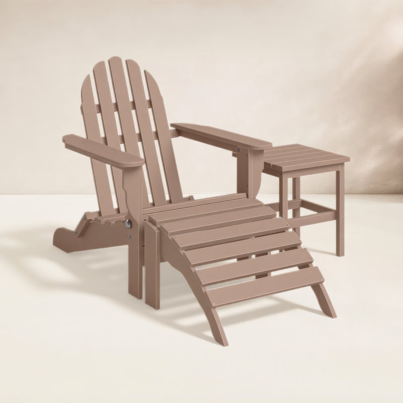 Chaise Adirondack pliante en plastique / résine avec table et repose-pieds Leighton, Teck