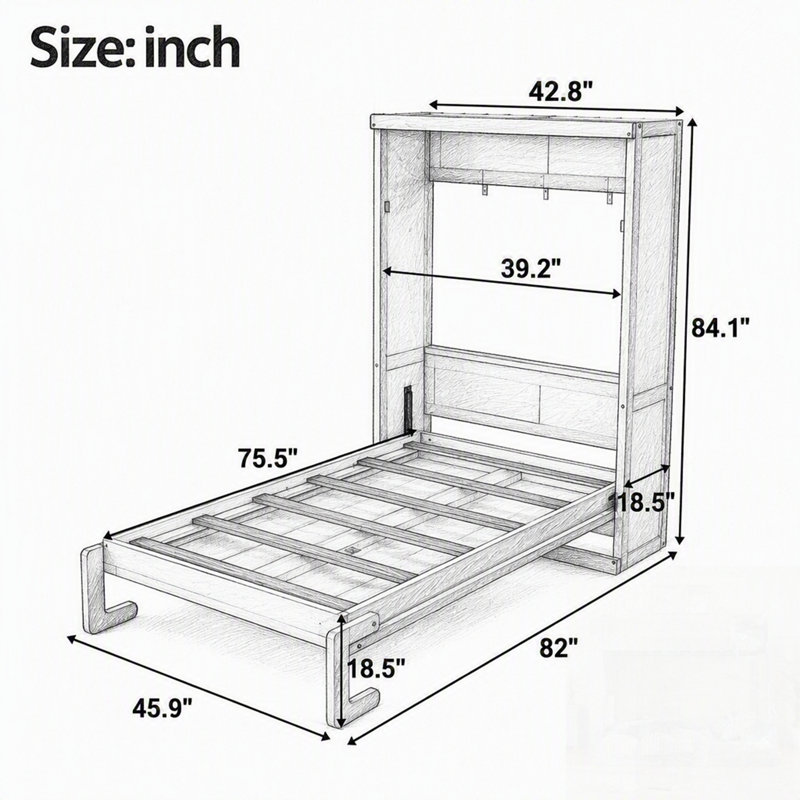 Lit escamotable avec meuble pliable, gain de place et montage facile, idéal pour les petites chambres, Lit simple, Blanc
