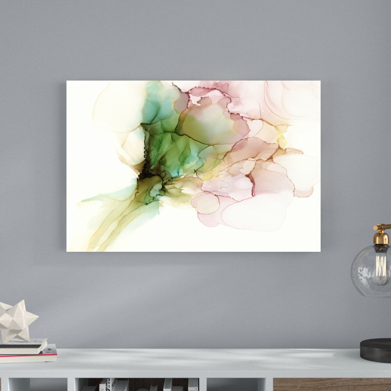 «Pink and Turquoise Bloom I» par Jennifer Goldberger - peinture sur toile tendue, H 24 po x l 36 po