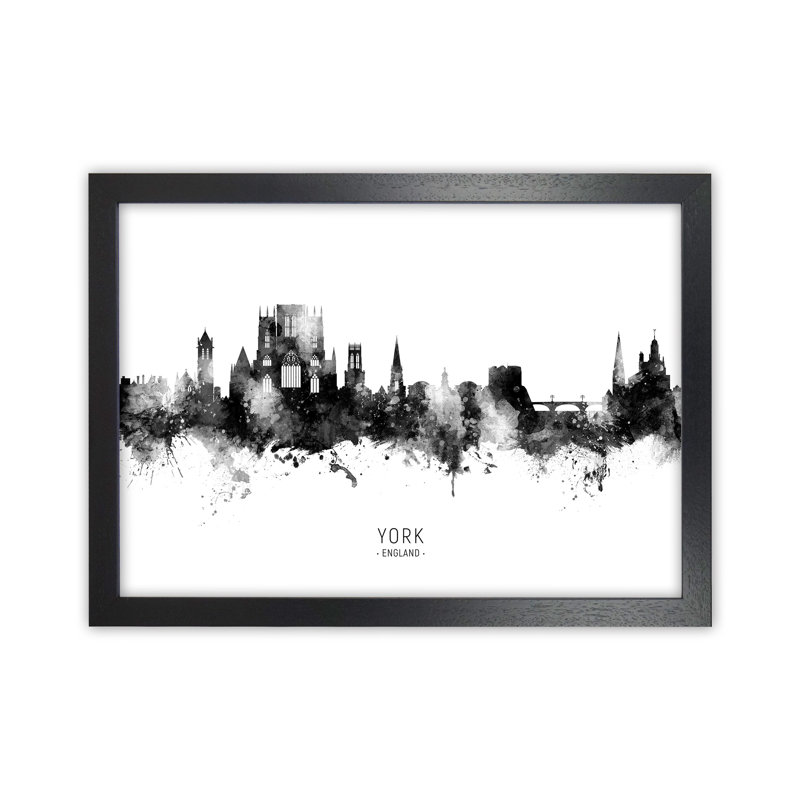 York England Skyline Black White City Name by Michael Tompsett - Print, 25cm H x 34cm W x 3cm D, Black Framed