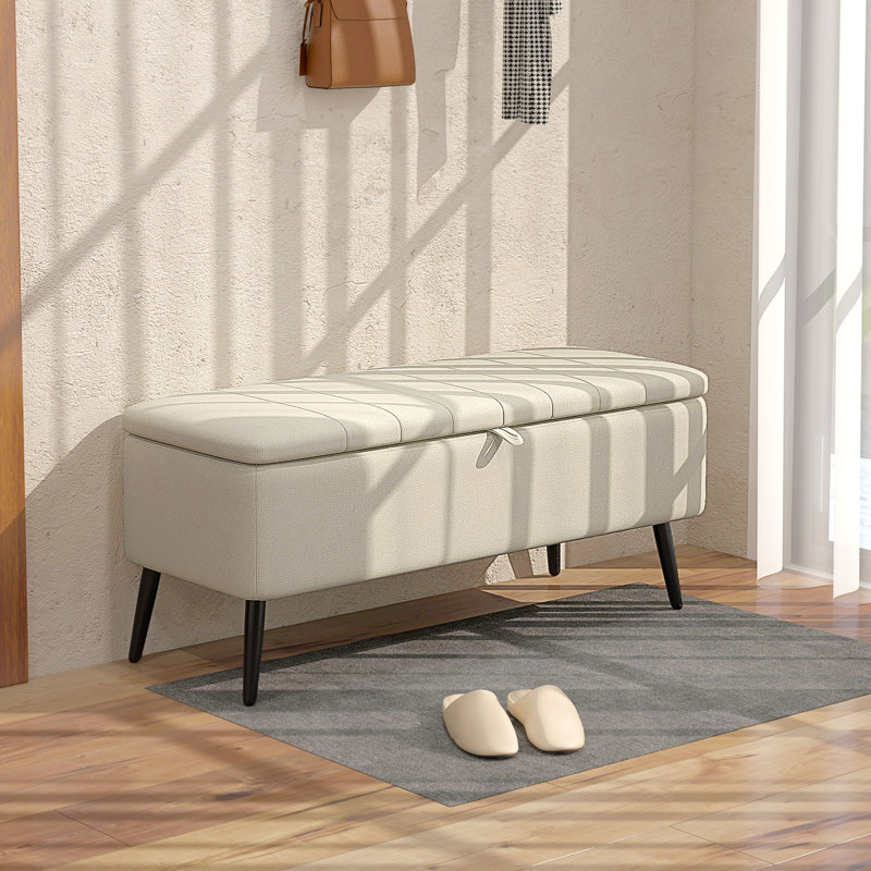 Banc de rangement avec repose-pieds, tabouret en lin blanc crème