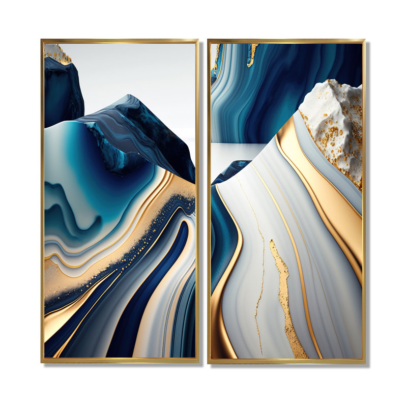 Abstrait géométrique vagues bleues et dorées I - art mural bleu 2 pièces, Impression encadrée flottante, H 36 po x l 48 po
