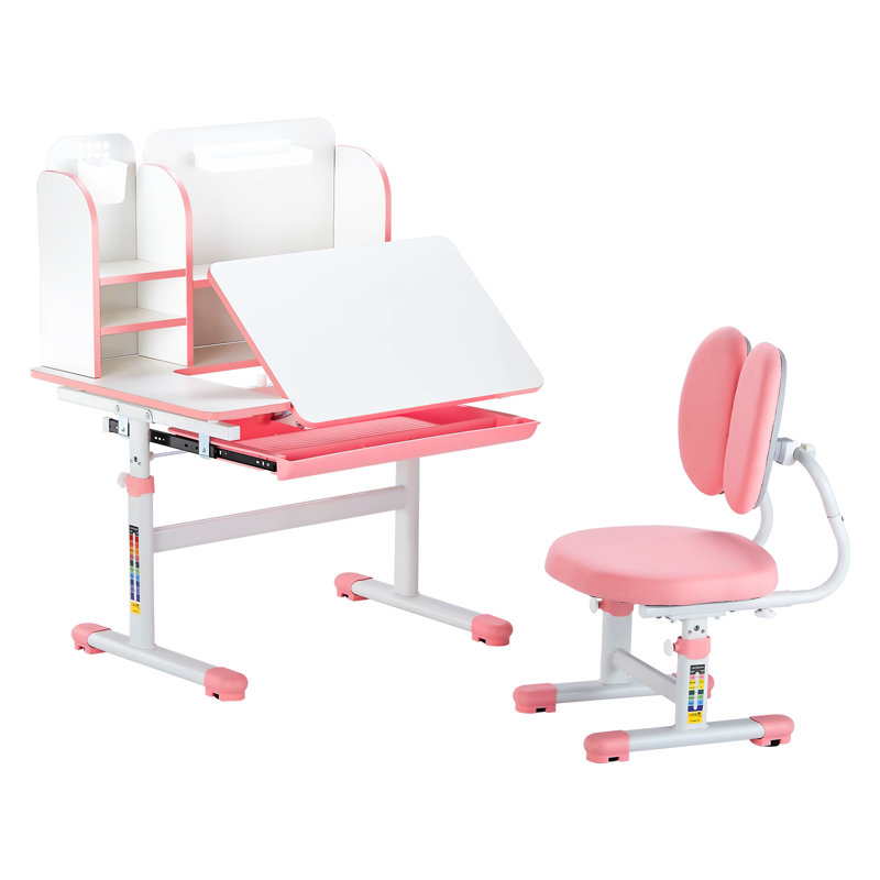 Chaise et bureau d'étude pour enfants avec bibliothèque et tiroir réglables en hauteur , Rose