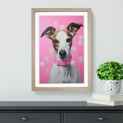 Whippet Bubble Gum Painting - Single Picture Frame Print on Wood
