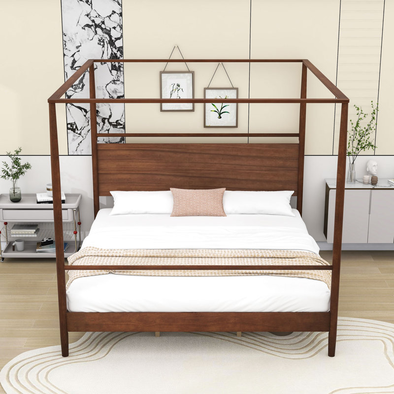 Four-Poster Wooden Canopy Platform Bed with Center Support, King