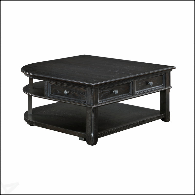 Table basse de salon en bois durable avec plateau relevable, tiroir de rangement et tablettes ouvertes au fini gris anthracite