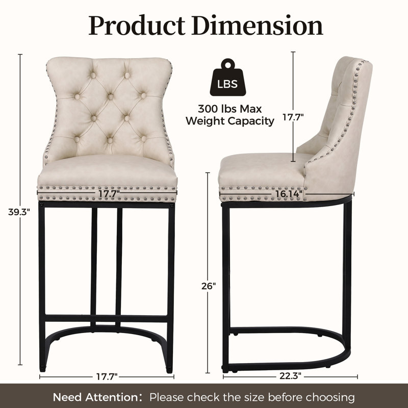 26" Modern Upholstered Counter Height Bar Stools with Nailhead Trim, Beige Seat/Black Legs/Faux Leather