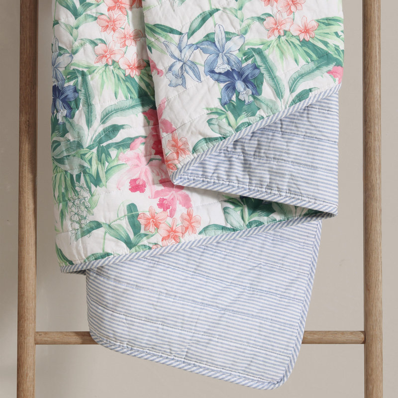 Twin Blue Cotton Reversible Quilt Set with Botanical Pattern