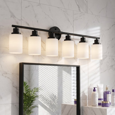 39'' 6-Light Black Bathroom Vanity Light Modern Wall Sconce with Milky White Frosted Glass Shades
