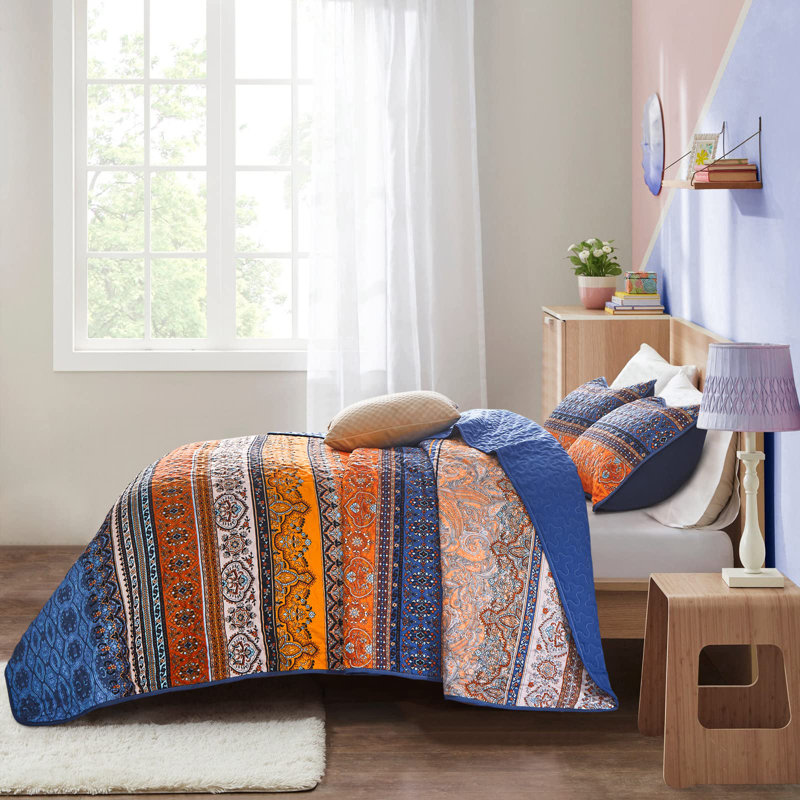 Set of 3 Boho Bohemian Quilt Set Lightweight Reversible Microfiber Bedspread Coverlet All Season Bed Decor, Blue/Orange