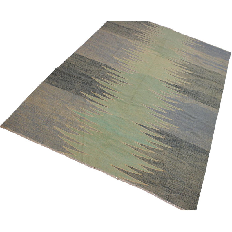 Tapis vert en laine fait à la main de conception unique 8 pi 8 po x 11 pi 11 po Drubin