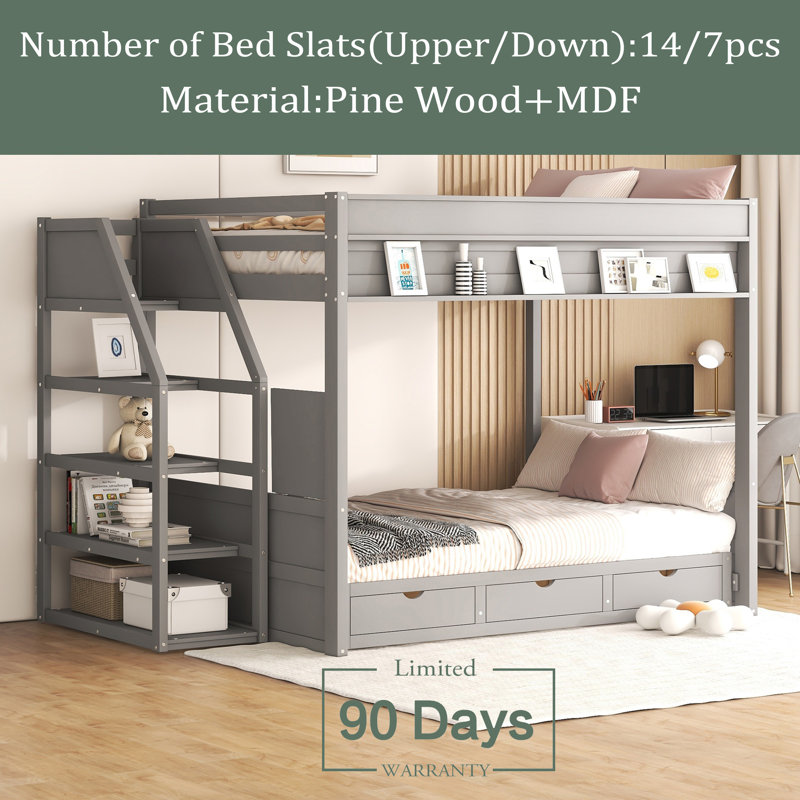 Henryka Kids Full Bunk Bed with Drawers, Gray