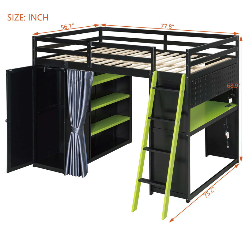 Lit mezzanine en bois pleine grandeur avec garde-robe, rideaux à tablettes et lumières RVB, Noir/vert