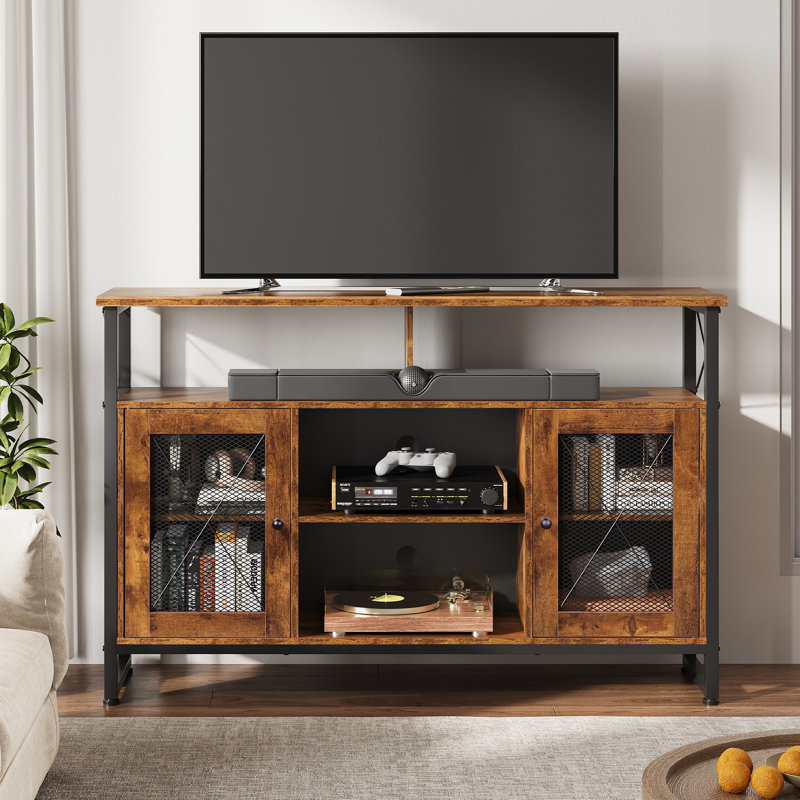 Meuble télé l 50,4 po avec tablettes de rangement ouvertes pour téléviseurs de 55 po Laly, centre de divertissement industriel avec armoires de rangement et tablettes réglables, console multimédia moderne pour le salon et la chambre à coucher