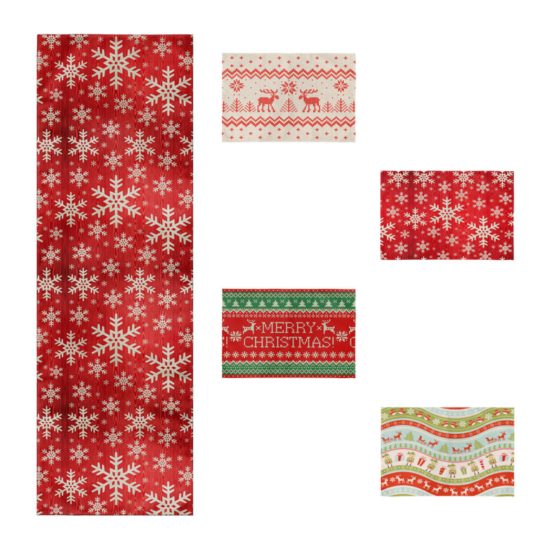 Ensemble de chemin de table et napperon de Noël - Ensemble repas de Noël avec napperons, décoration de table de Noël rouge et verte, ensemble de 5 pièces - Parfait pour les dîners et les fêtes