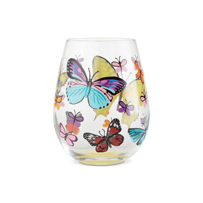 Lolita Butterfly Hand Painted Stemless Wine Glass 5in H
