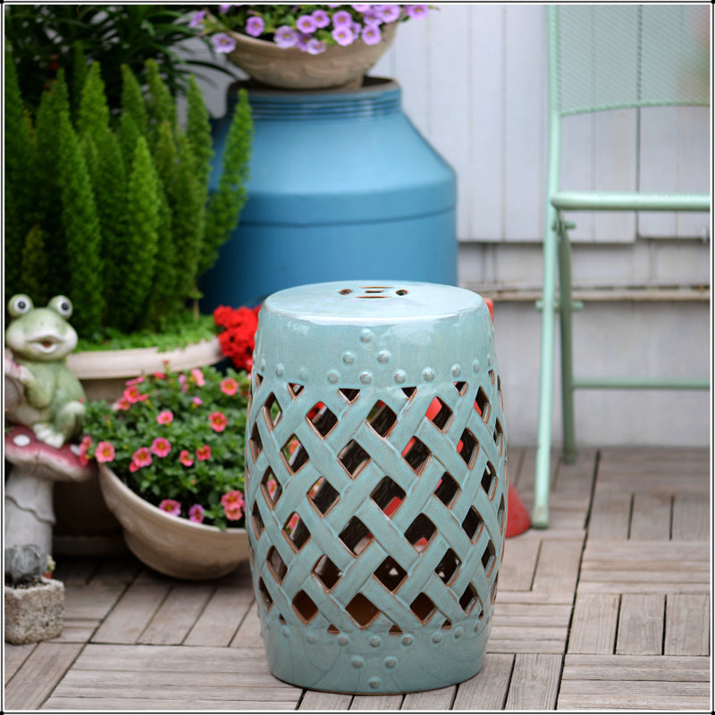 Tabouret de jardin en céramique durable avec motif en treillis tissé, finition émaillée et utilisation polyvalente pour les espaces intérieurs et extérieurs