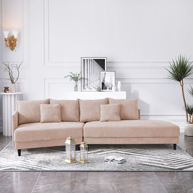 Daizjah 122''Wide One Arm Sectional Sofa Curved Couch with 2 Pillows, Beige Polyester Blend