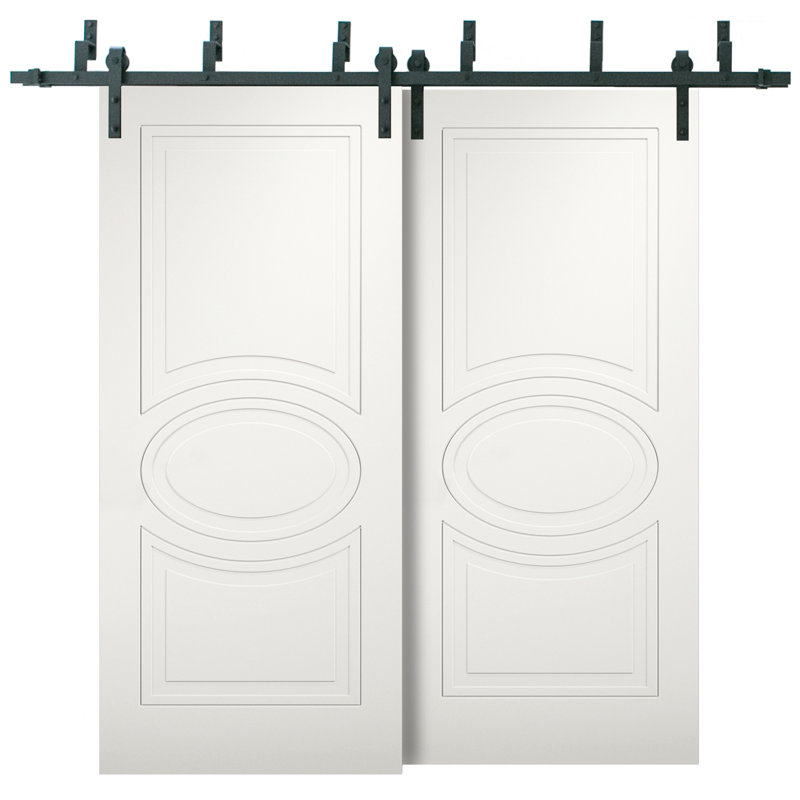 Mela Panelled Manufactured Wood Bypass Barn White Doors with Installation Hardware Kit, 64" x 96"