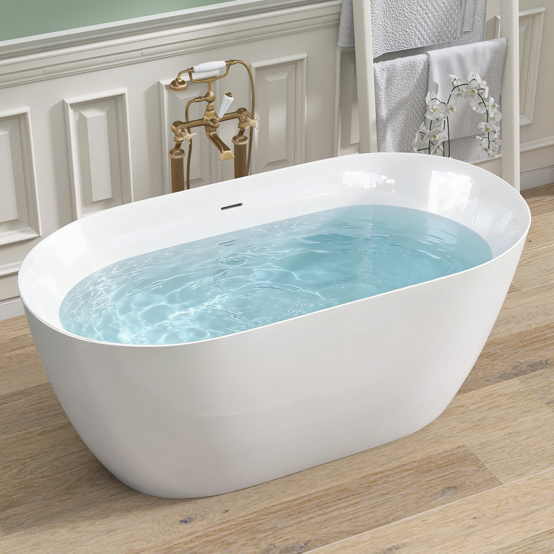 47'' W x 27.5'' D Acrylic Freestanding Bathtub Stand Alone Double Slipper Tub Oval Glossy White Bathroom Tub with Overflow & Center Drain