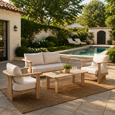 Ensemble de mobilier d'extérieur 4 pièces en bois d'acacia avec coussins beiges résistants à l'eau, parfait pour la détente dans la cour et la piscine