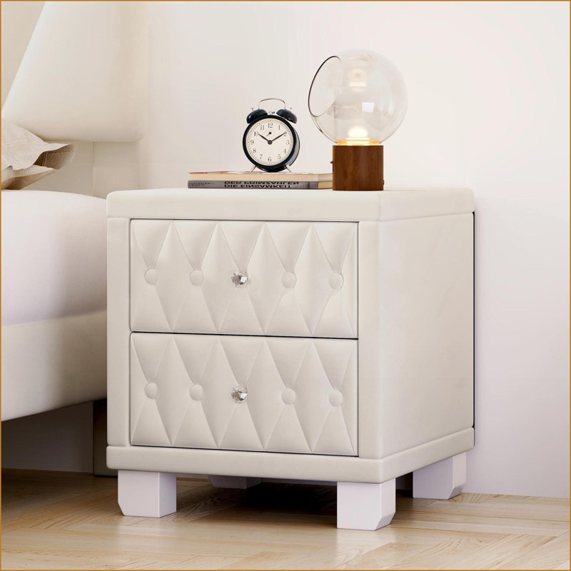 Table de chevet 2 tiroirs en velours beige avec poignées en cristal, facile à assembler, Beige