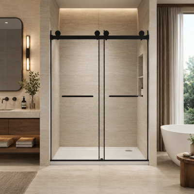 44–48 in. W x 74 in. H Frameless Double Sliding Shower Door with 5/16 in. (8 mm) SGCC-Certified Tempered Safety Glass, Matte Black Stainless Steel Hardware