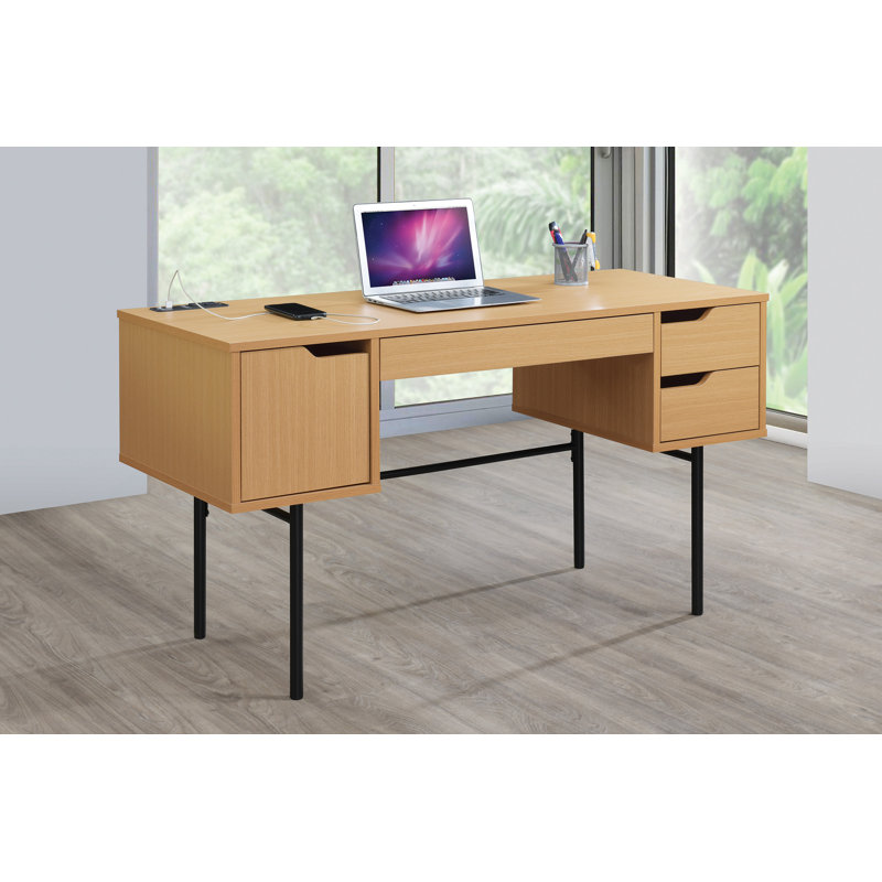 Natural Wood Executive Desk with Drawers and Power Port