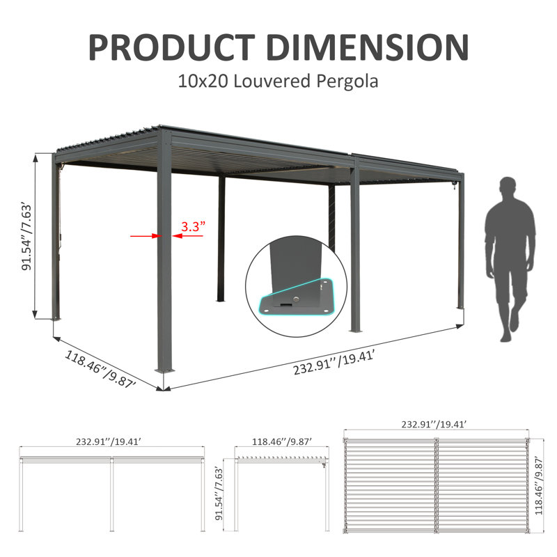 20 Ft. W x 10 Ft. D Aluminum Pergola with Canopy, Gray
