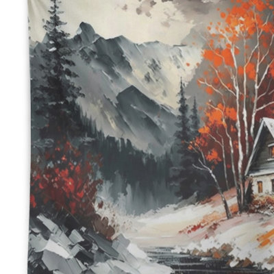 Monochrome Orange Cottage In Winter V Polyester Tapestry